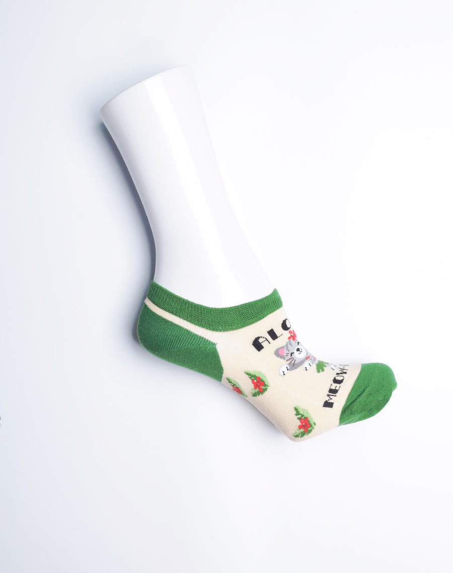 Aloha Meowhalo Cat No Show Socks - Just Fun Socks - Green Tan Color Ankle Socks
