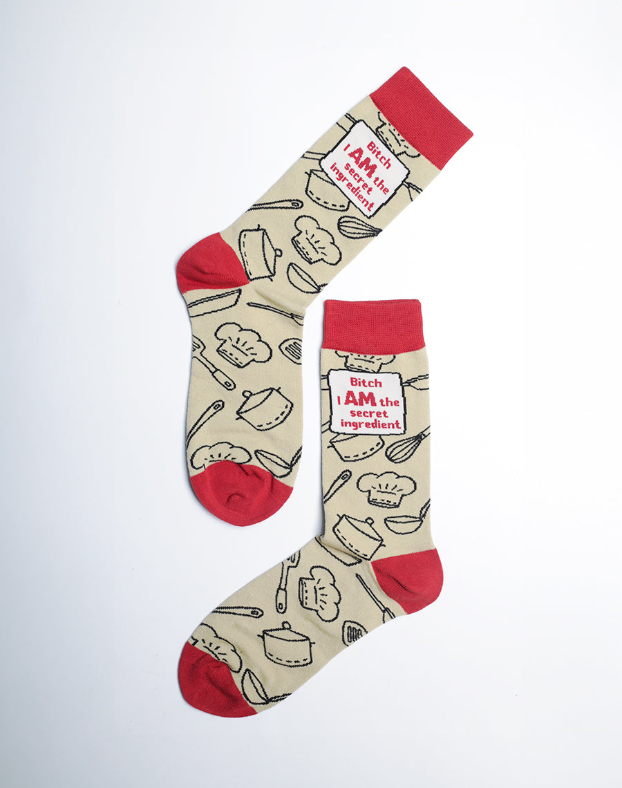 I am The Secret Ingredient Crew Socks - Womens Cotton Made Sand Color Socks - Just Fun Socks