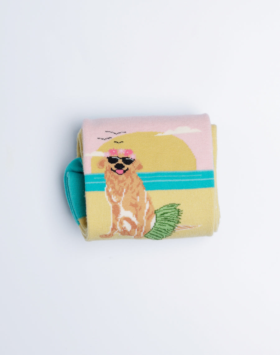 Womens Crew Socks - Cute Dog Sitting on the Beach Printed - Multicolor