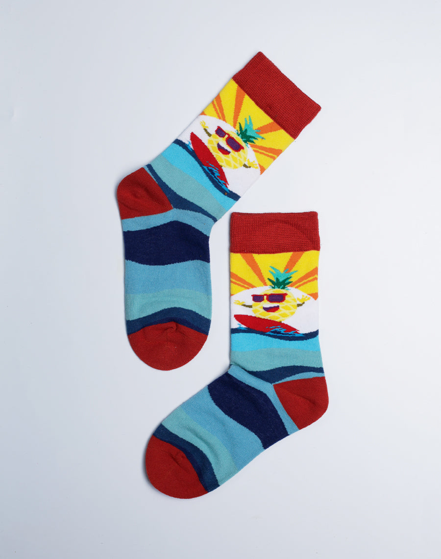 Big Wave Surfing Funny Pineapple Crew Socks - Multi Color
