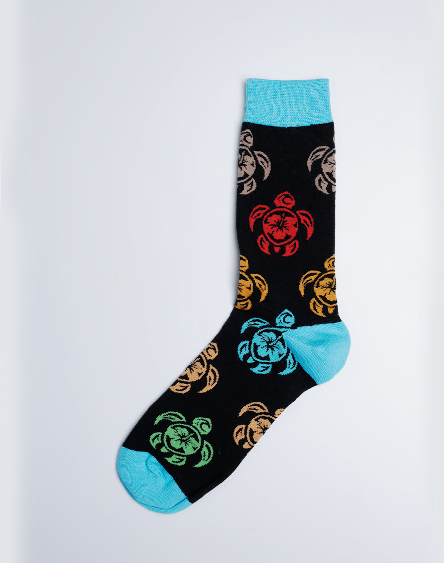 Men's Tribal Turtle Tropical Crew Socks - Cotton Made - Blue Color