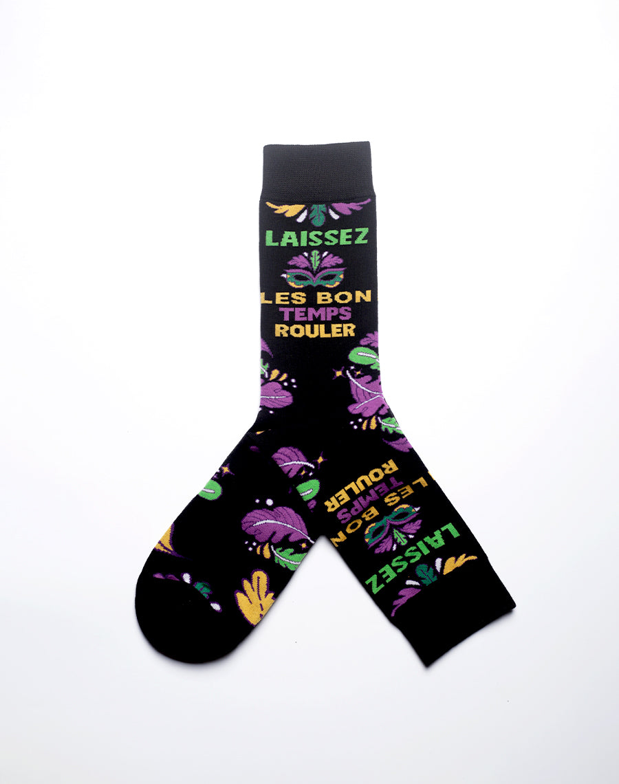 Black Mardi Gras crew socks with “Laissez Les Bon Temps Rouler” text