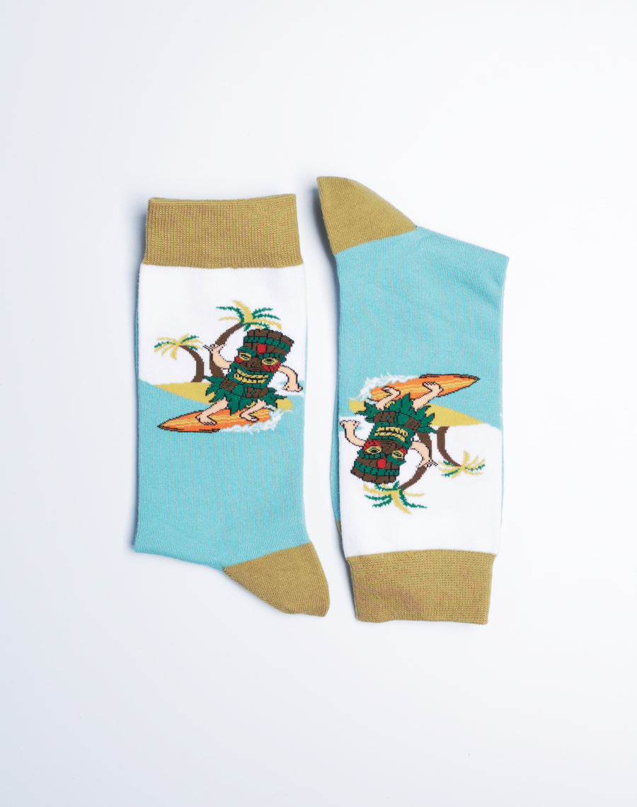 Hawaiian Tropical Crew Socks - Surfing on the Ocean - Blue Color Tiki Socks for Men