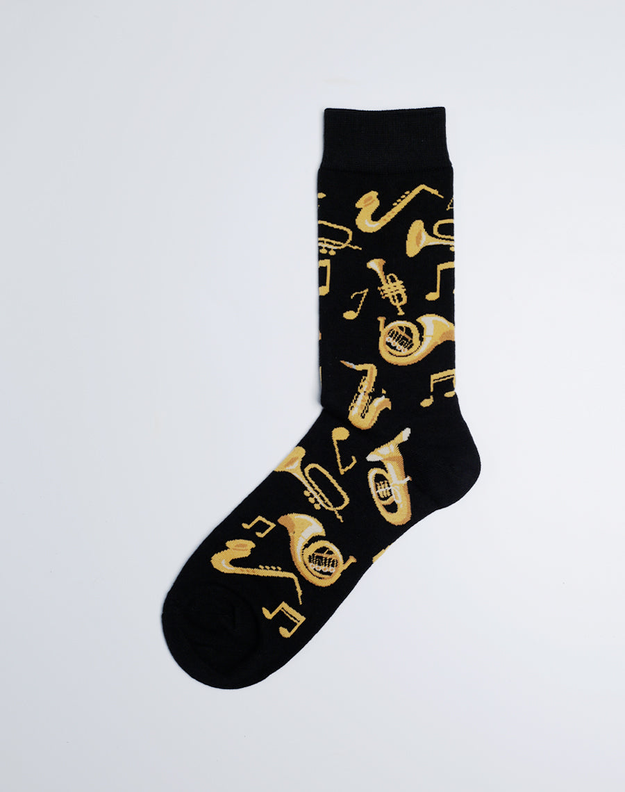 Black Color Brass Instruments Jazz Music Crew Socks - Cotton Made