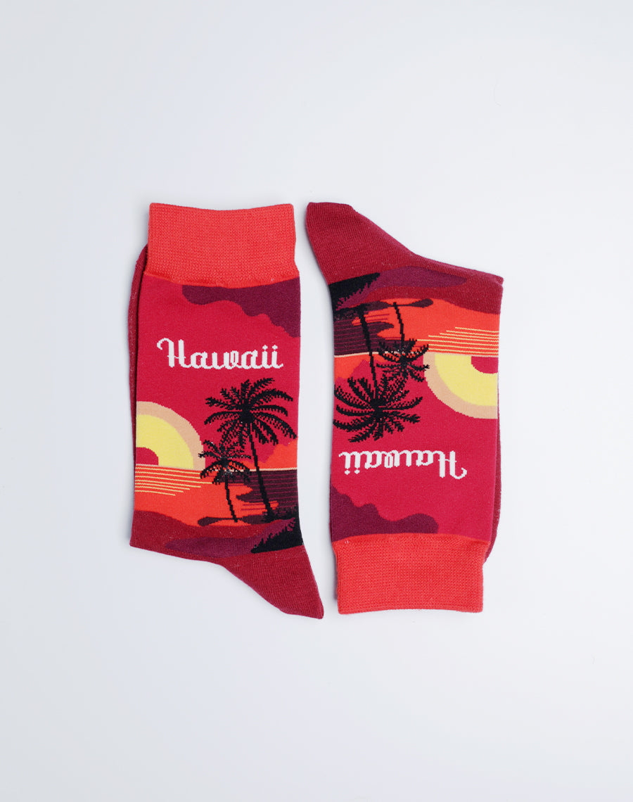 Hawaii Printed Sunset Crew Socks - Red Burgundy color Hawaii theme socks