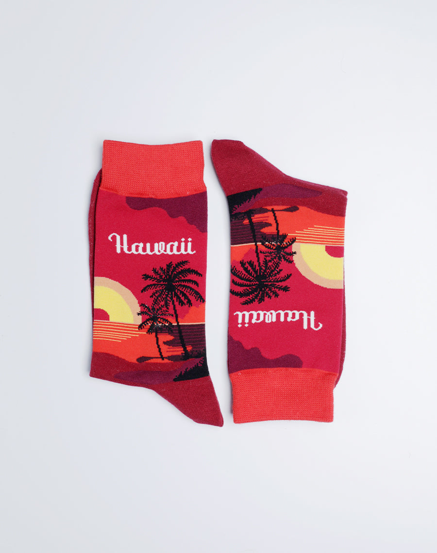 Hawaii Printed Sunset Crew Socks - Red Burgundy color Hawaii theme socks 