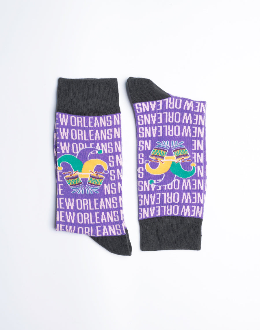 Men's New Orleans Jester Drum Crew Socks - Cotton made Purple Color Funny Socks