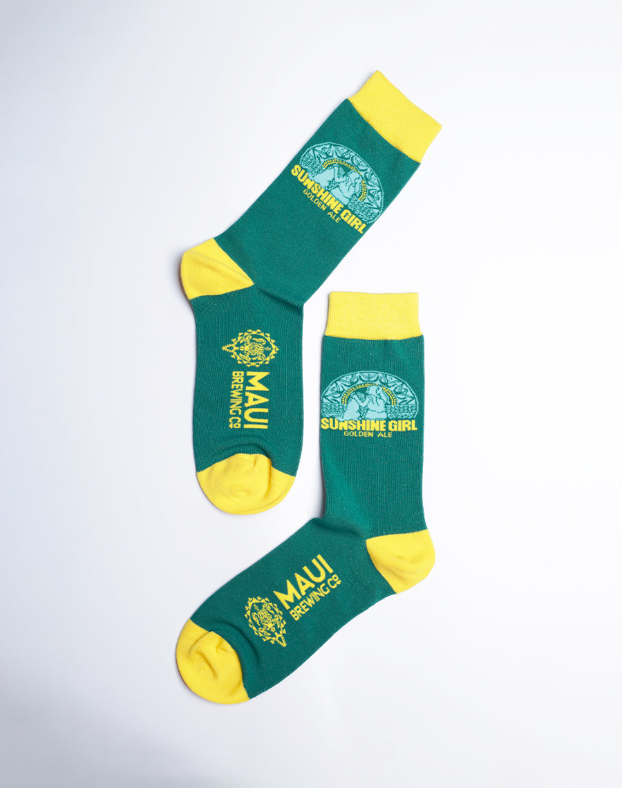 Cotton made Teal Color Sunshine Girl Golden Ale Crew Socks for Men