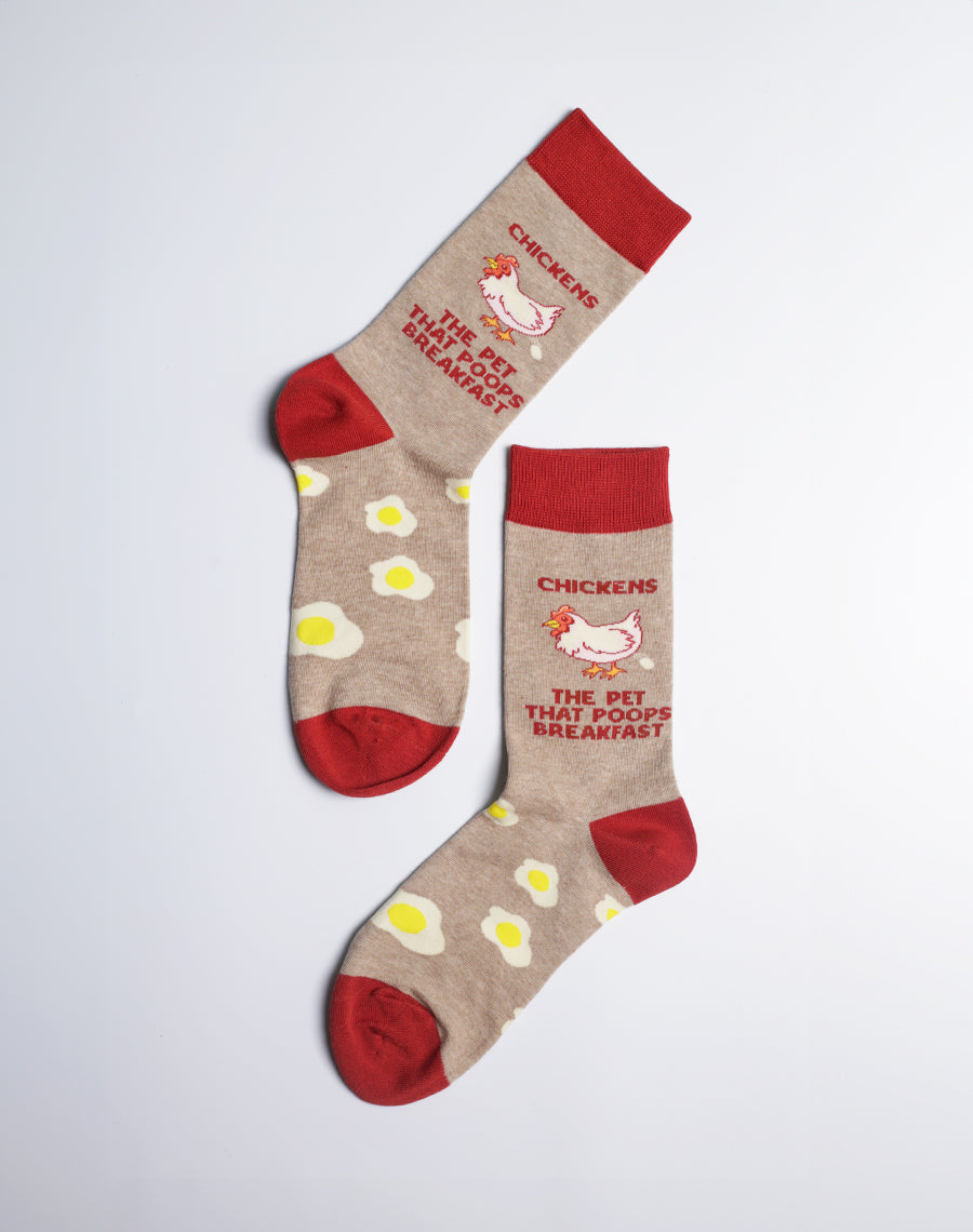 Brown and beige cotton socks featuring adorable chickens and eggs, adding a quirky touch to any outfit.