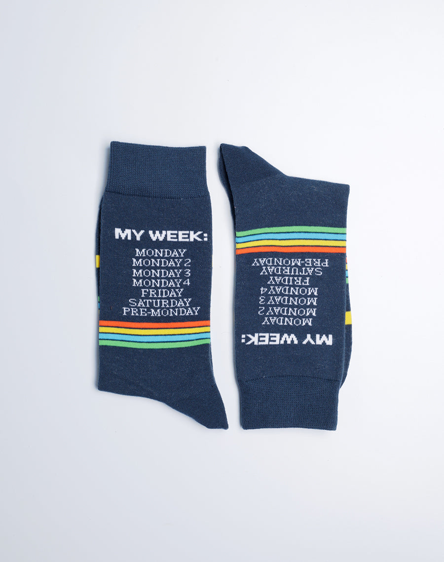 My Week Monday Funny Crew Socks - Navy Blue Color - Everyday Casual Socks for Men