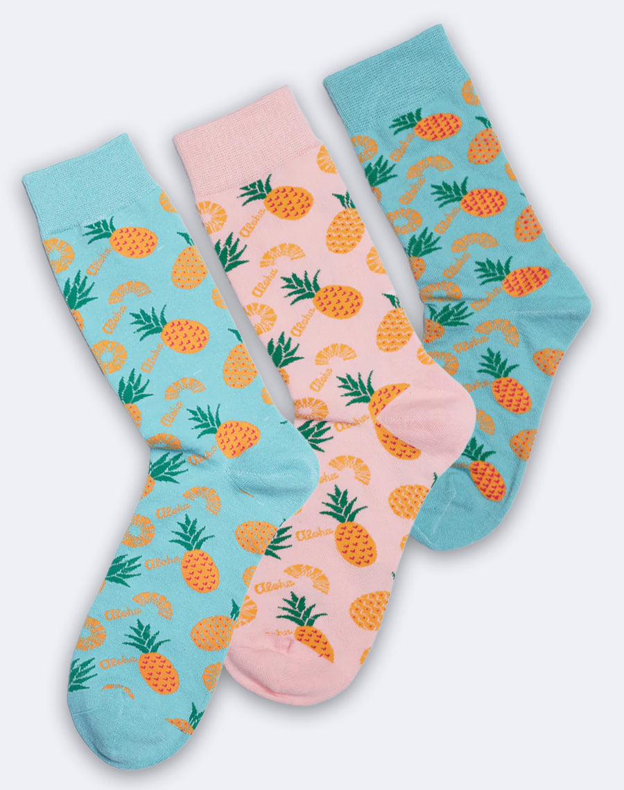 Family Aloha Pineapple Tropical Crew Socks | 3-Pair Bundle