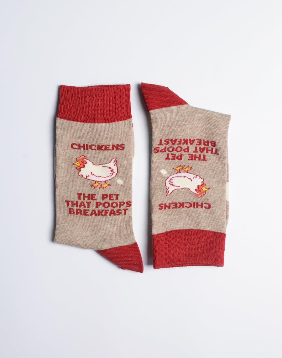 Cute and cozy chicken-themed crew socks, perfect for poultry enthusiasts and backyard farmers.