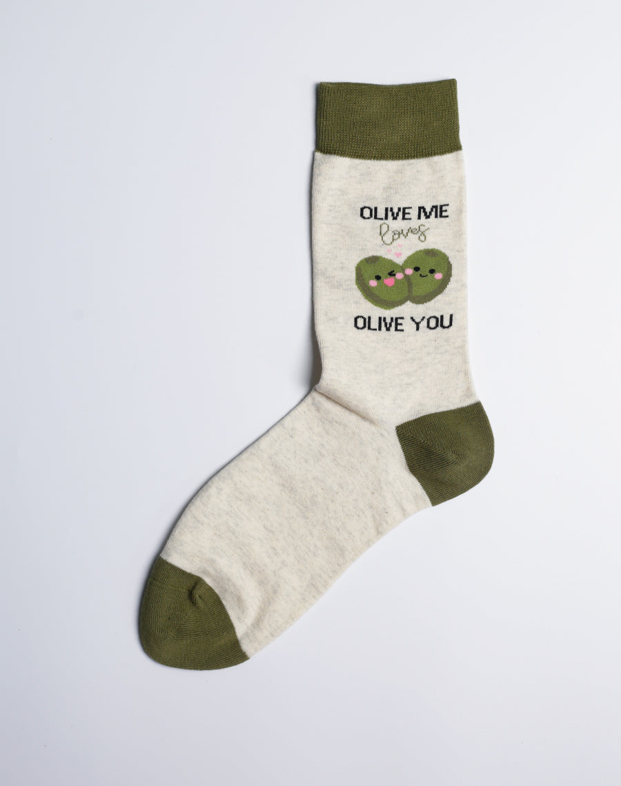 Stylish and cozy olive green socks with a charming olive and heart print, perfect for food lovers.