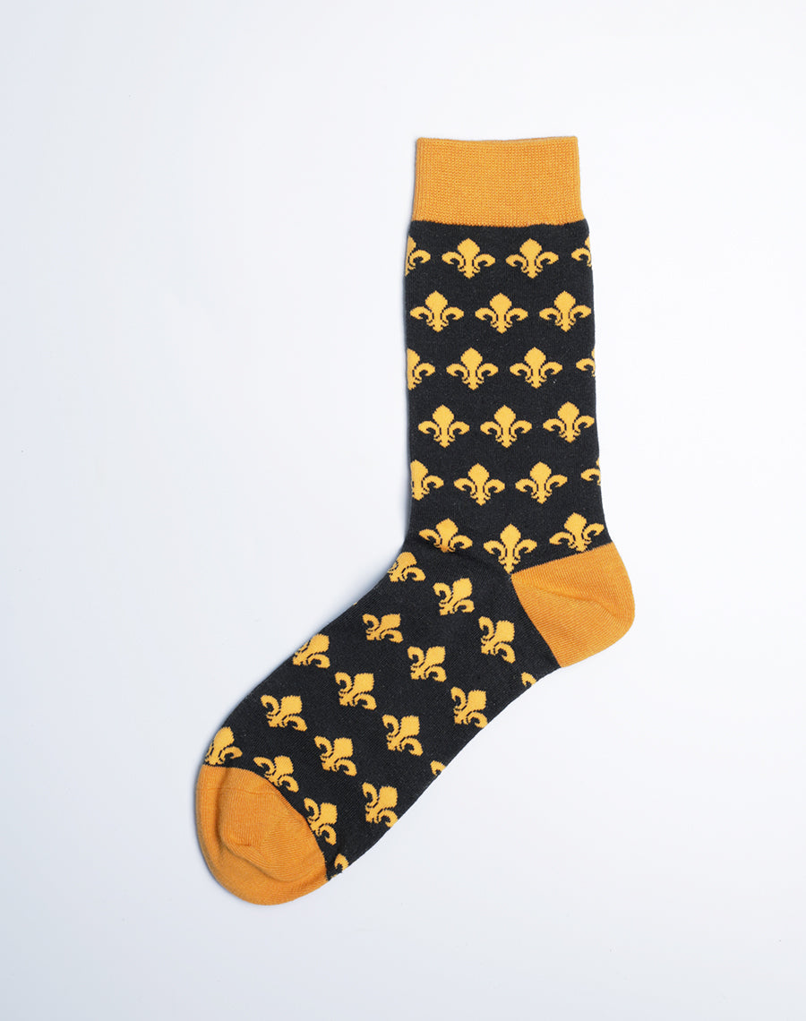 Fluer De Lis Black Color Crew Socks with Symbol Pattern