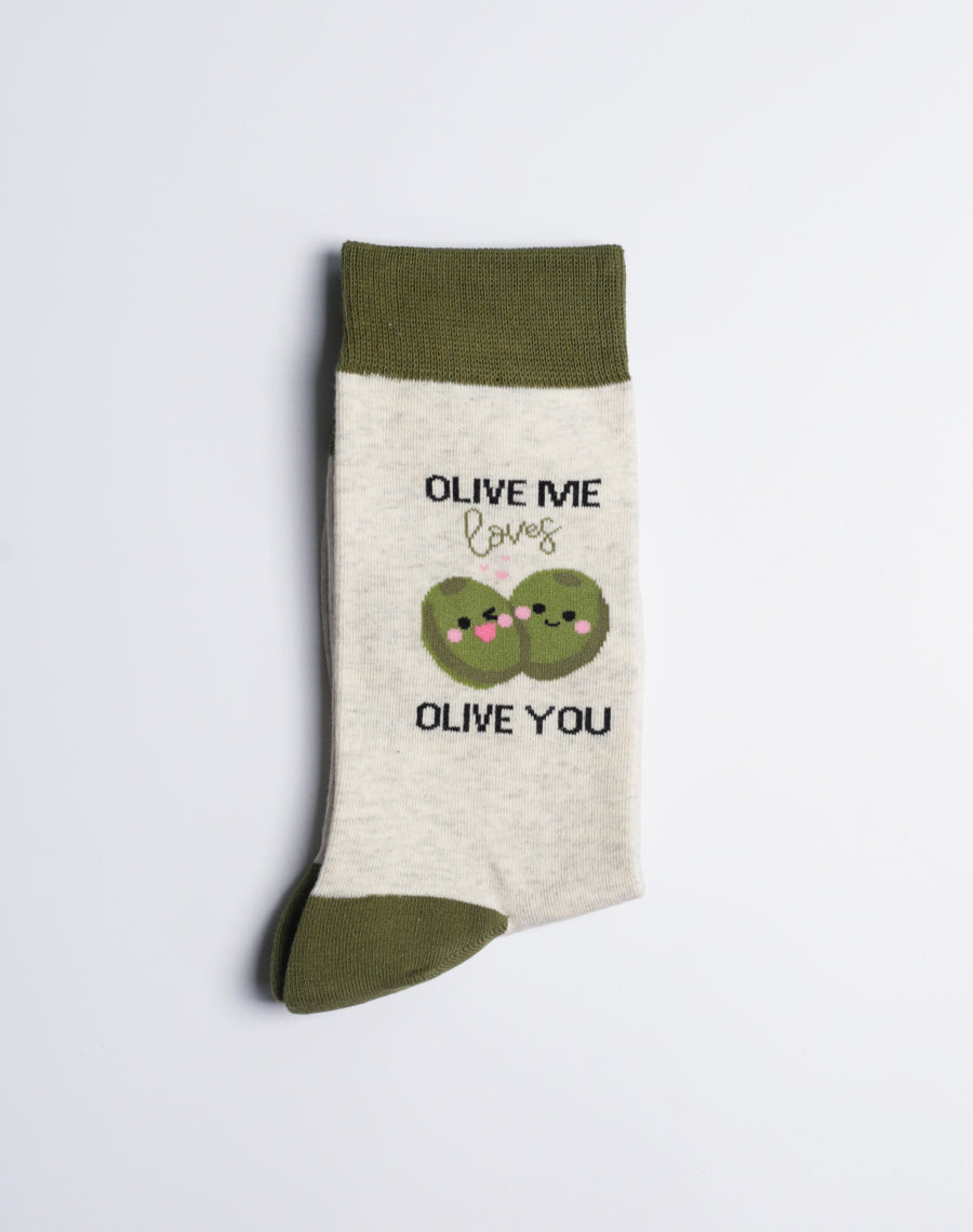 Flat-lay image of the olive-themed crew socks, highlighting their vibrant design and comfortable fabric.