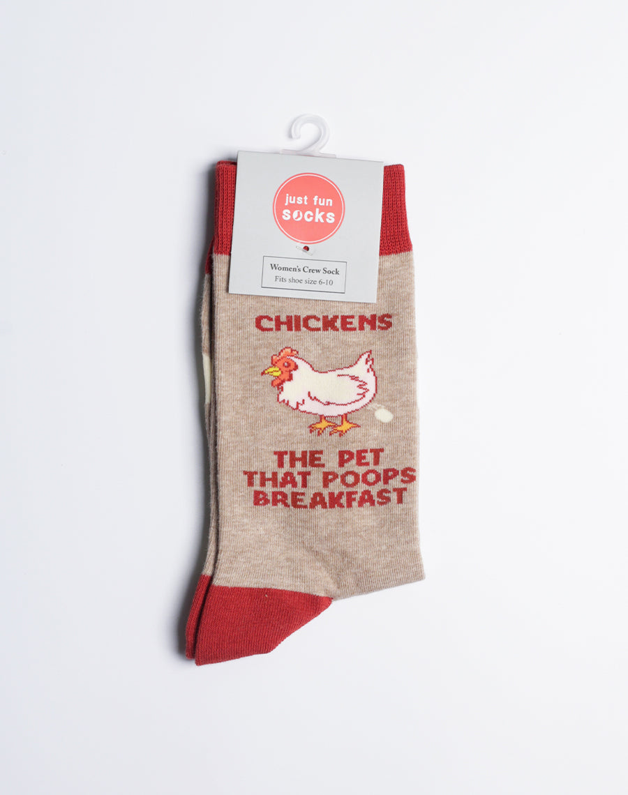 Side view of a person wearing the farm-style chicken socks, bringing a fun country vibe to their look.
