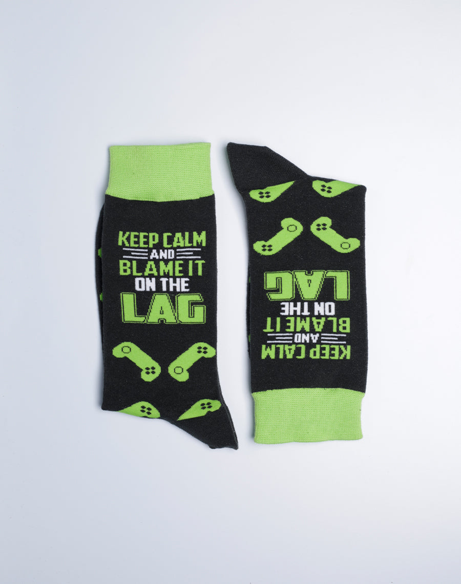Gaming Socks for Men - Black Lime Color - Blame it on the Lag Printed Socks