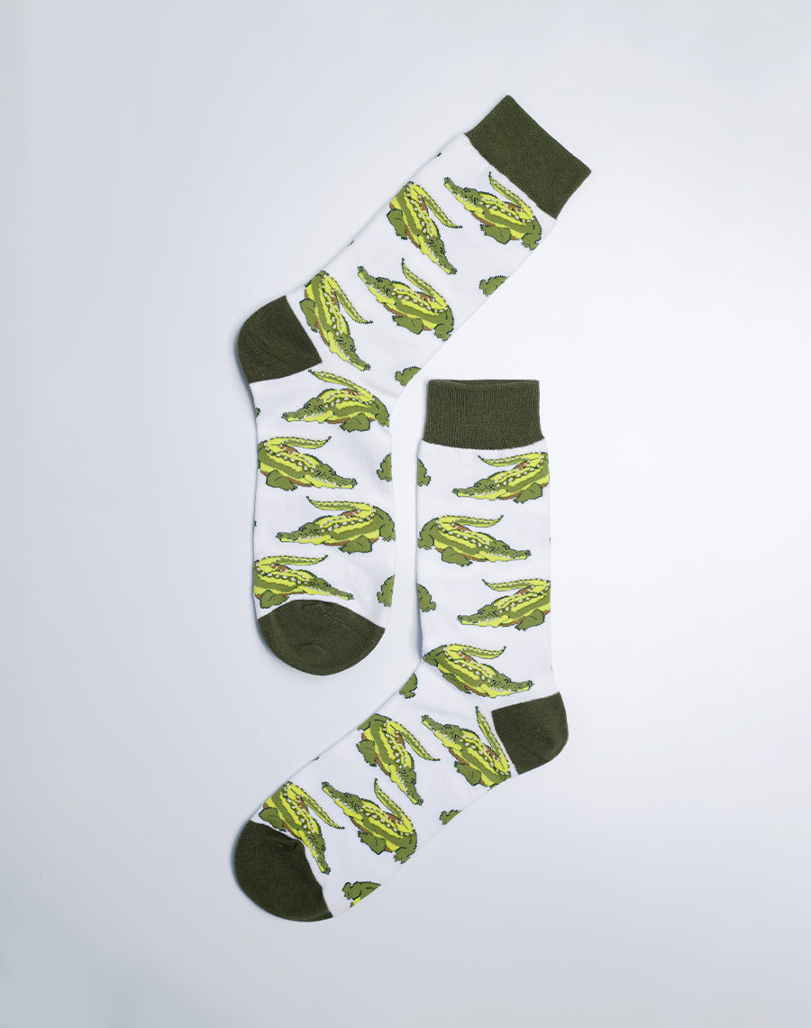 Cotton made animal socks - Alligator printed white color socks