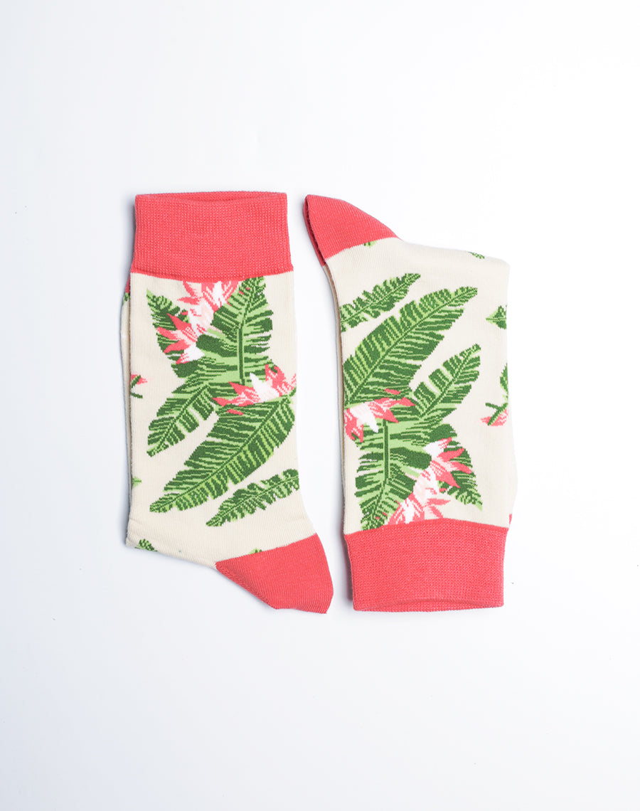 Floral Tropical Palm Breeze Sand Color Crew socks