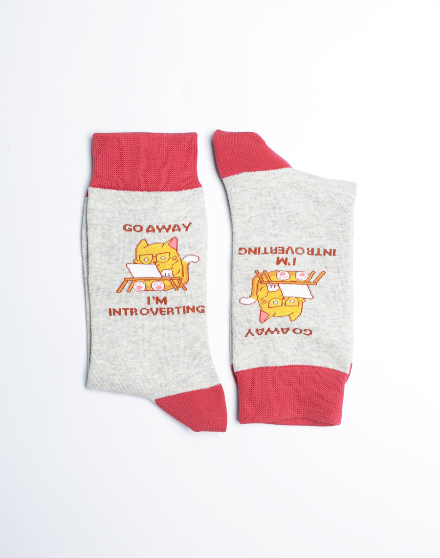 Gray Color Cotton Made Crew Socks for Women - Cute Cat Printed Socks
