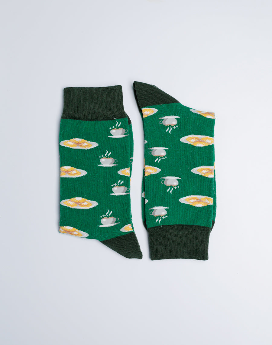 Green color Cotton Made Socks for Women - Beignet and Coffee