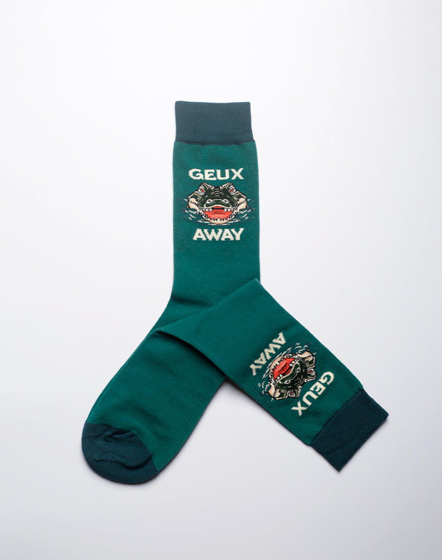 Green Geux Away gator crew socks with bold alligator design