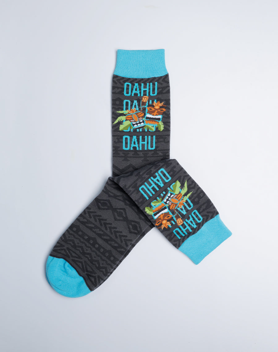 Oahu Printed Crew Socks for Men - Charcoal Grey Tribal Print