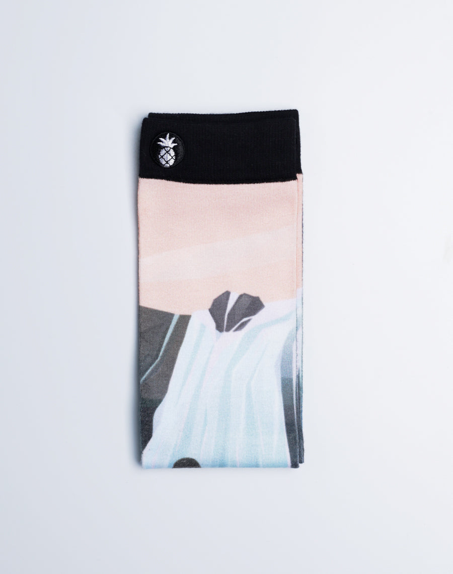 Hawaiian Themed Socks for both men and Women - Girl standing near Waterfalls Printed Socks