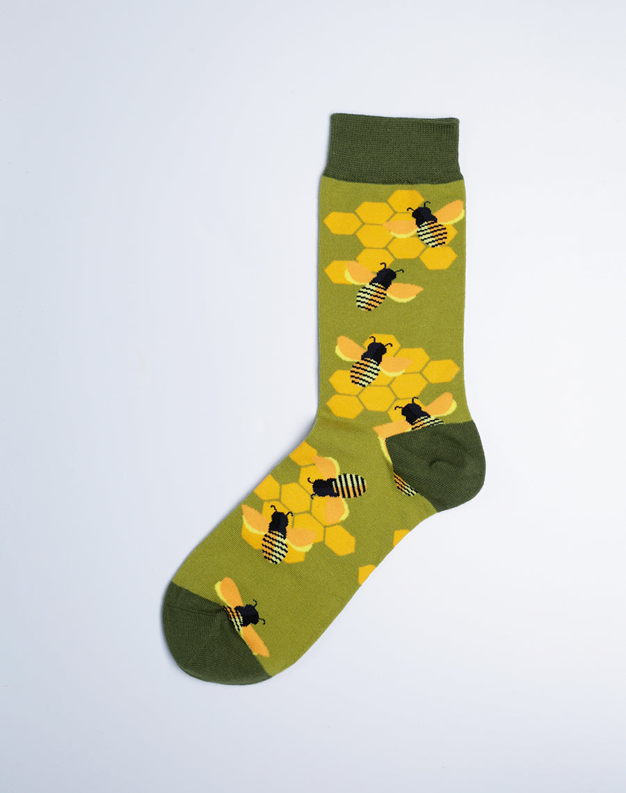 Women's Honeycomb Bee Crew Socks - Cotton Made Green color Socks