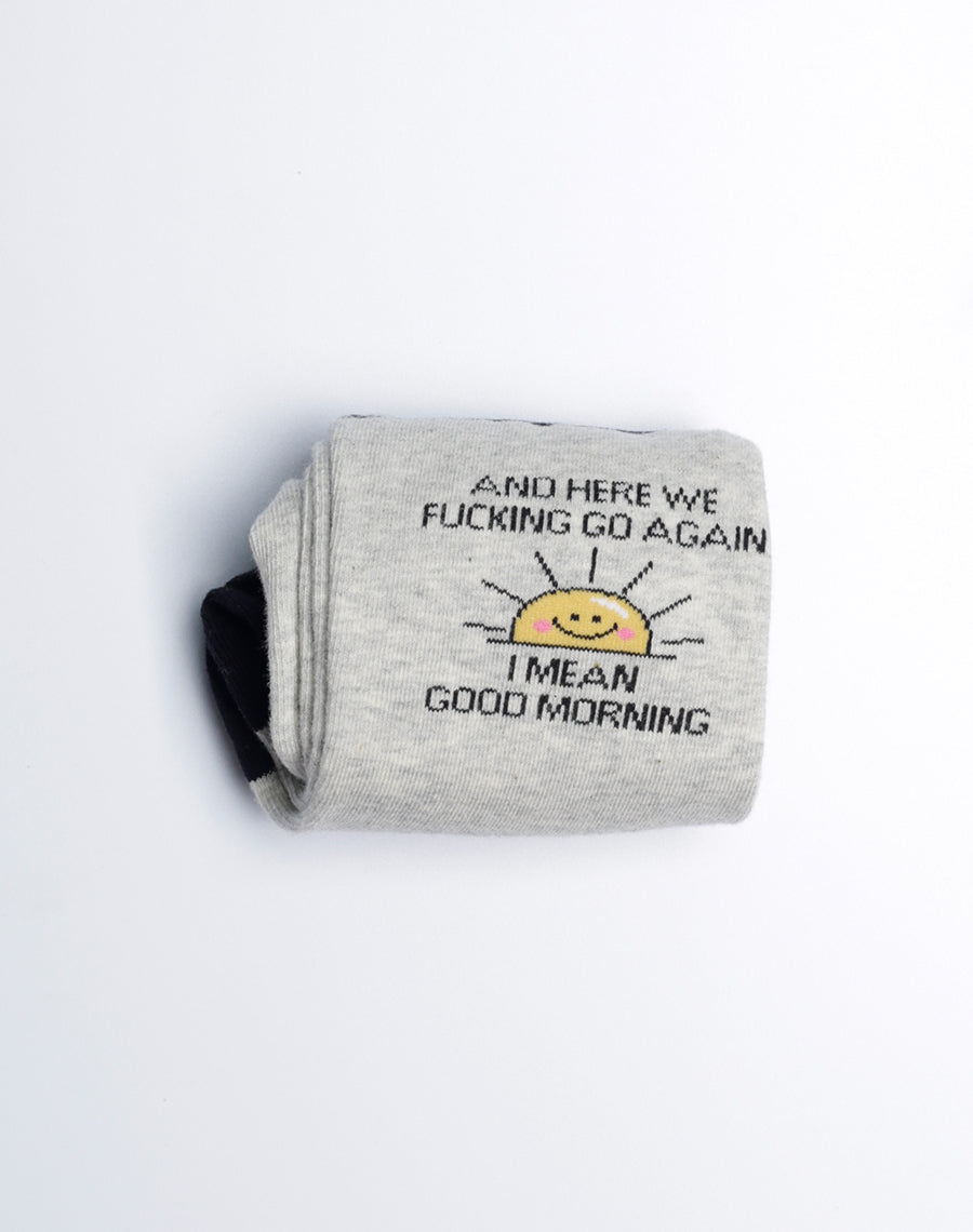 Grey Color Cotton Made Funny Socks for Women - Good Morning Printed Socks