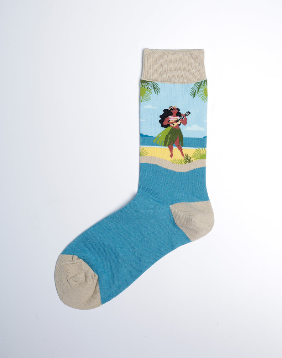 Beach Girl Playing Guitar Printed Hawaiian Socks for Women