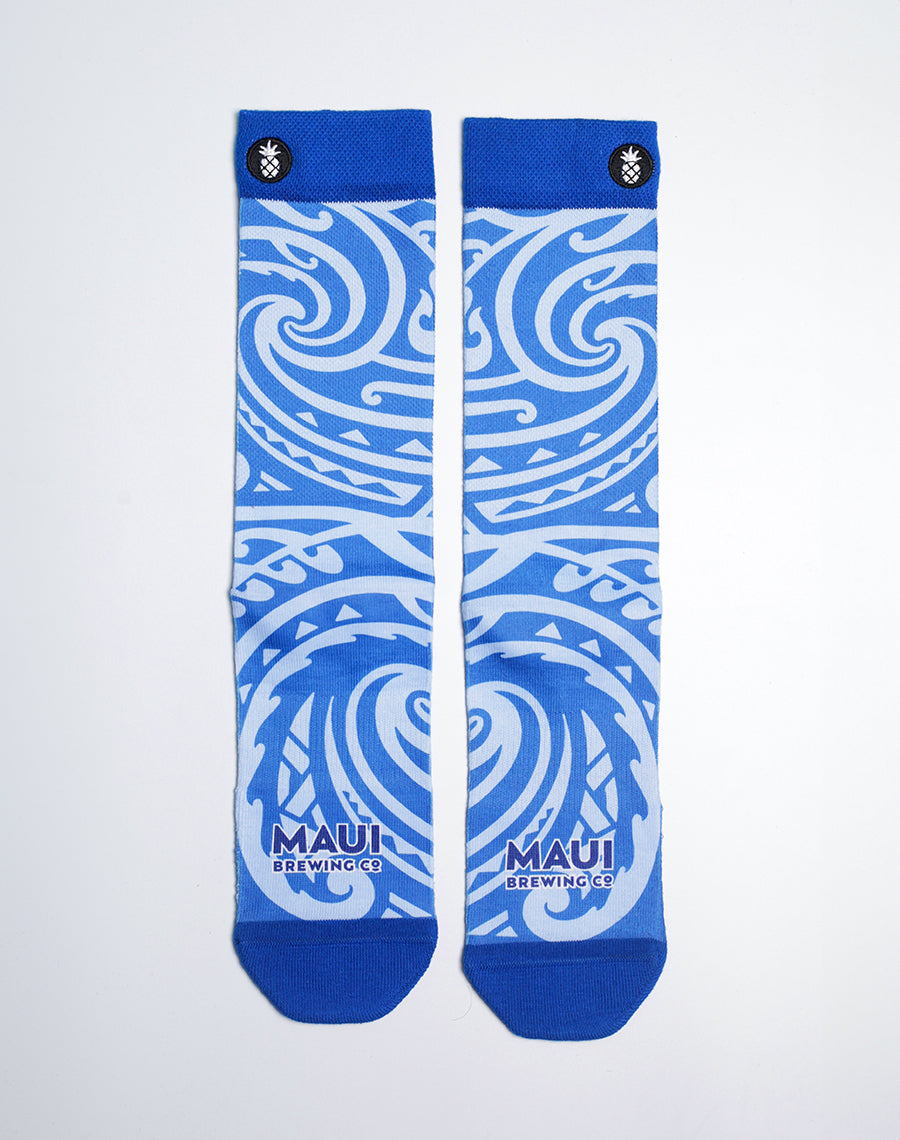 Maui Brewing Co. Big Swell IPA Crew Socks with blue tribal wave design inspired by Hawaii’s surf culture.