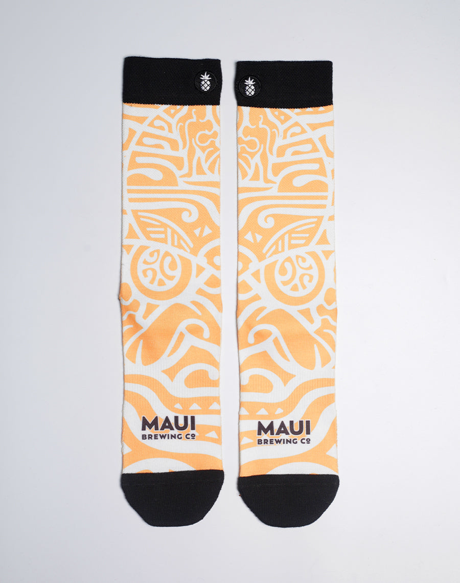 Maui Brewing Co. Bikini Blonde Lager crew socks with golden-yellow tribal design and free shipping in the U.S.