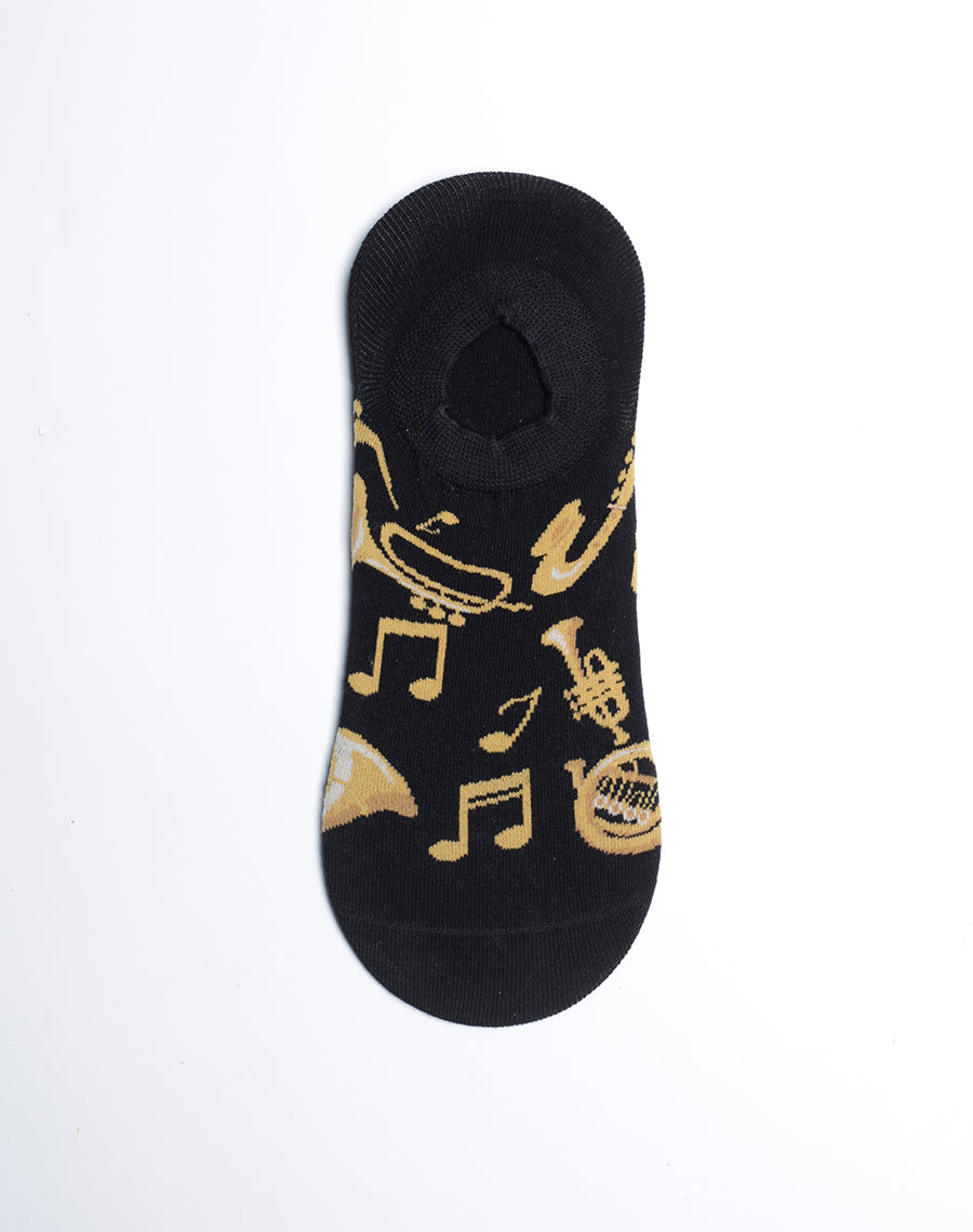 Men's Brass Instruments Jazz Music No Show Socks - Just Fun Socks - Black Color golden designs