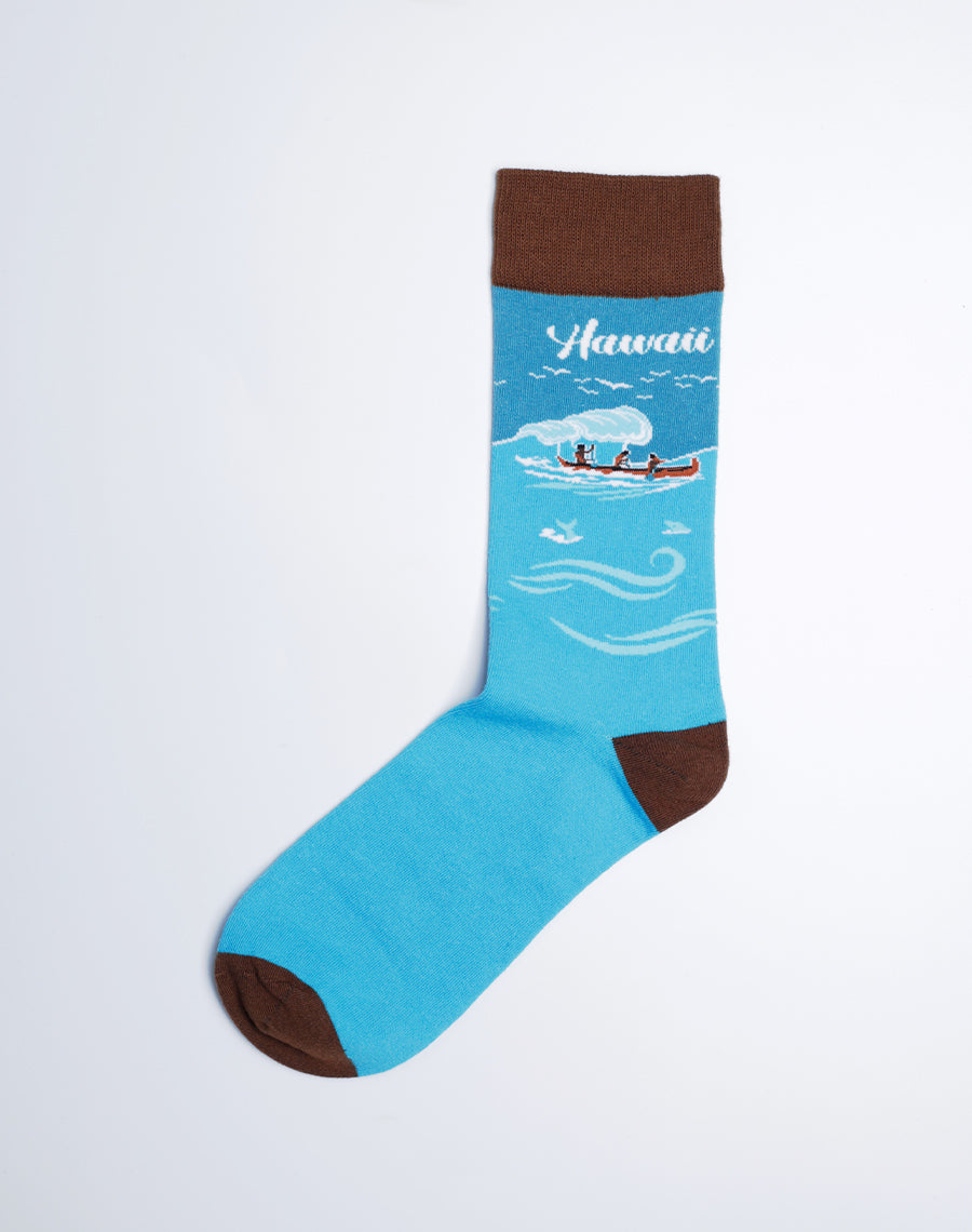 Men's Hawaii Outrigger Crew Socks (Blue) - Cotton Made Socks - 3 Pack Socks Bundle