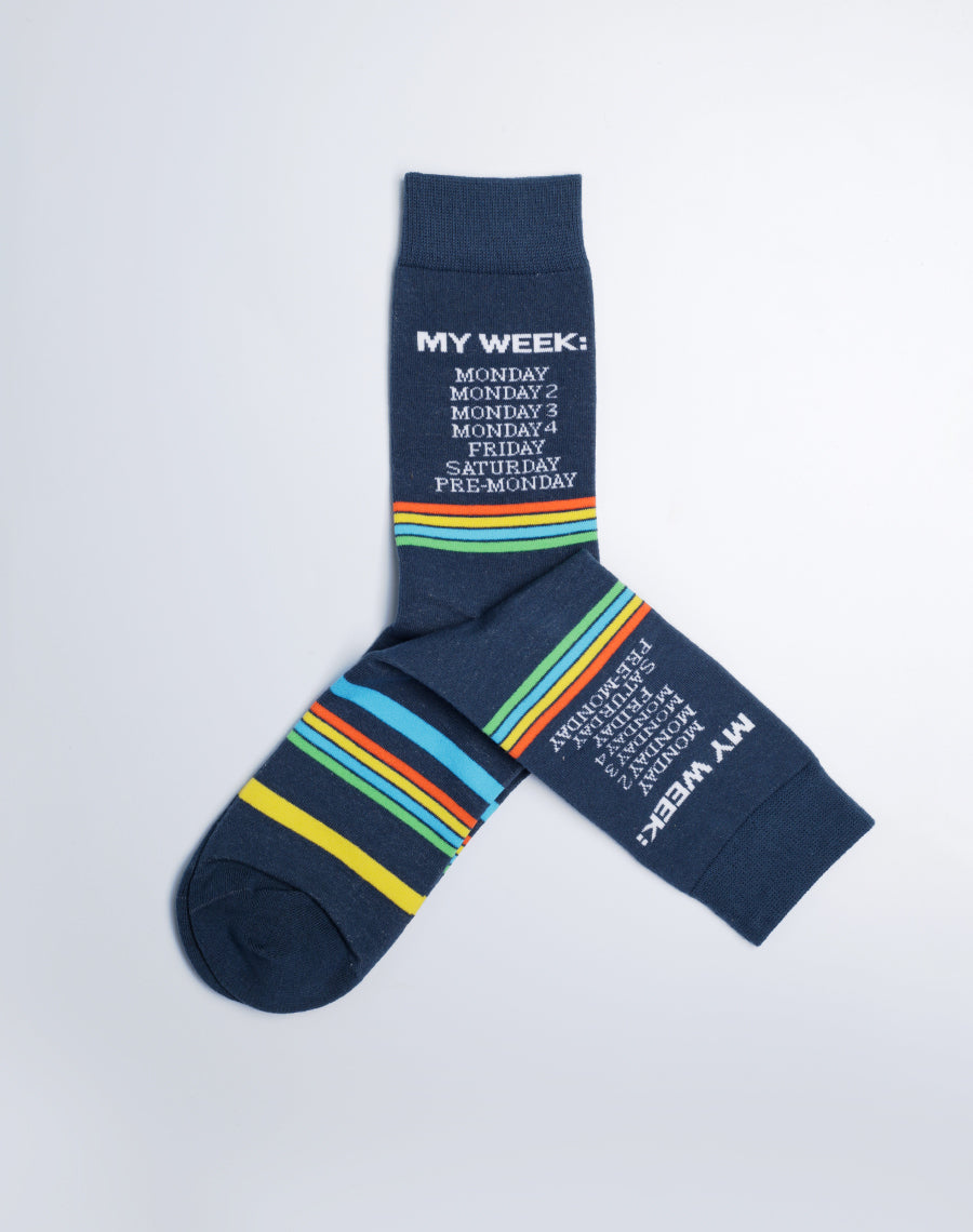 Men's My Week Monday Funny Crew Socks - Navy Blue Color Socks