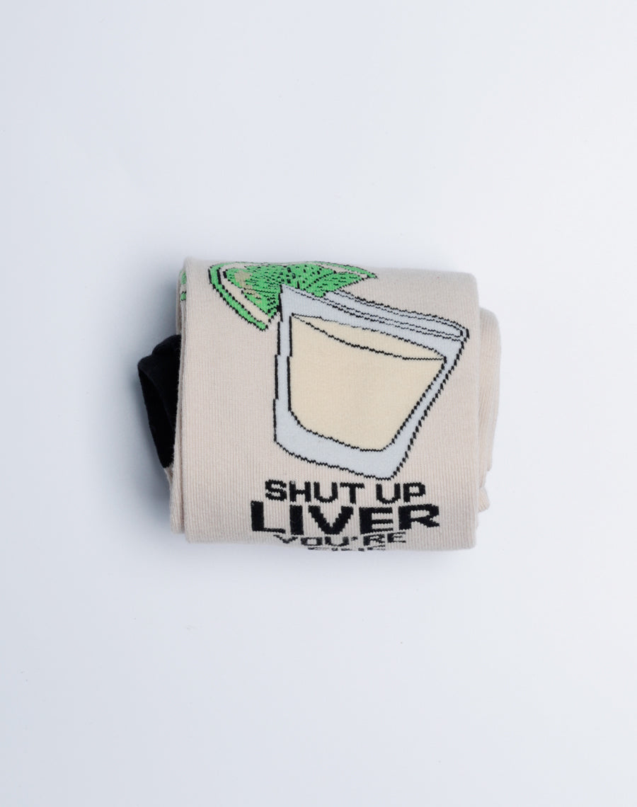 Men's Shut Up Liver You're Fine Tequila Crew Socks - Just Fun Socks - Cream Black Color Socks