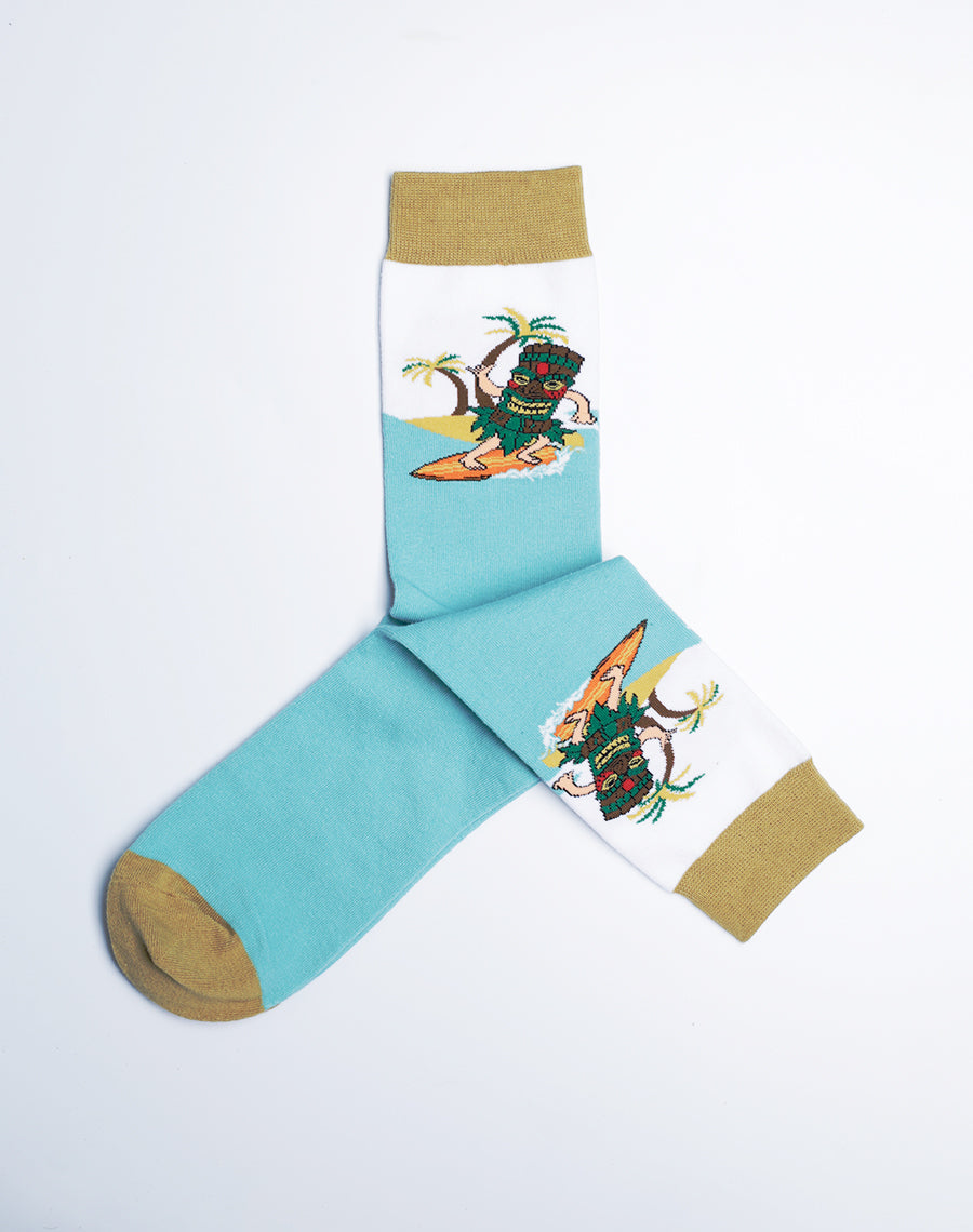 Hawaiian Tropical Surfs Up Tribal Mask Printed blue Color Socks with multicolor