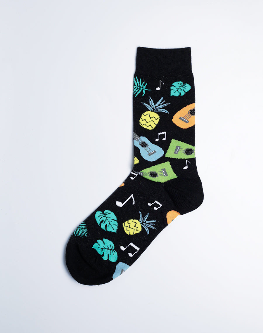 Men's Tropical Ukulele Crew Socks (Black) - Cotton Made 3 Socks Pack