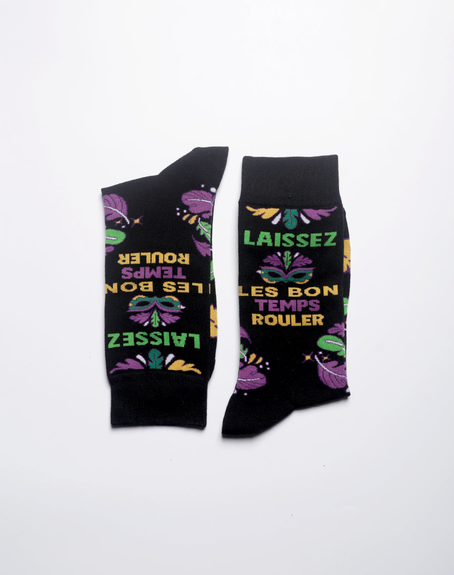 Men's black New Orleans Mardi Gras socks with festive lettering