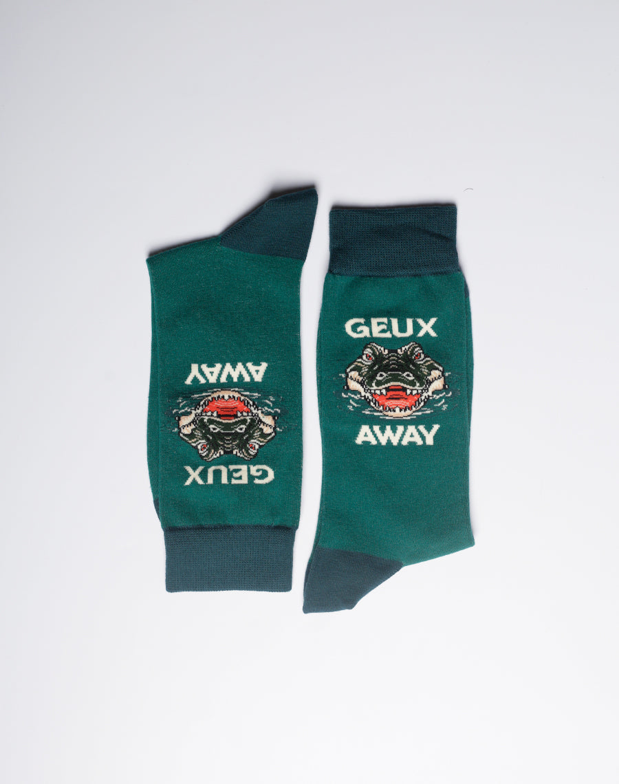 Men's green socks featuring playful Louisiana gator graphic