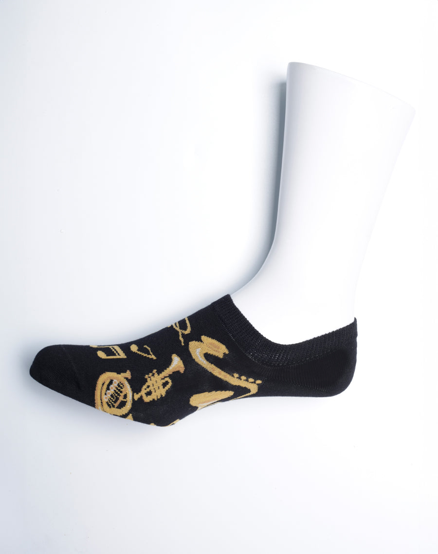 Brass Instruments Printed No Show Socks - Black with Golden Designs