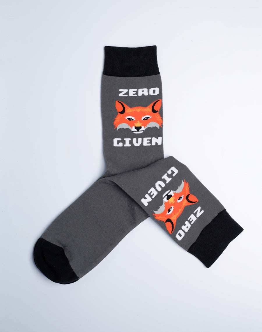 Men's Zero Fox Given Funny Crew Socks - Grey Charcoal Cotton Made