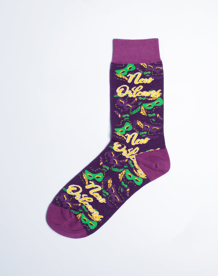 New Orleans Masquerade Mardi Gras Crew Socks (Purple) - Cotton made Crew Socks