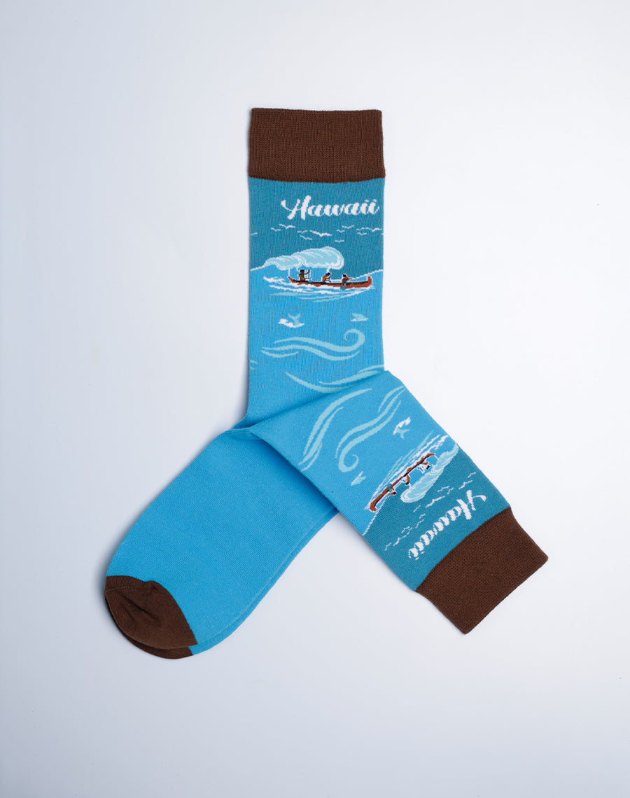 Hawaii Printed Blue Color Cotton made Crew socks - Hawaii Outrigger Socks  - Blue Brown Color