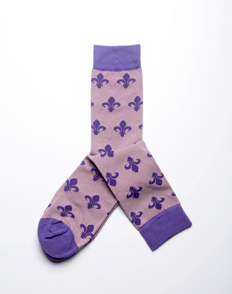 Purple fleur de lis crew socks with elegant New Orleans design