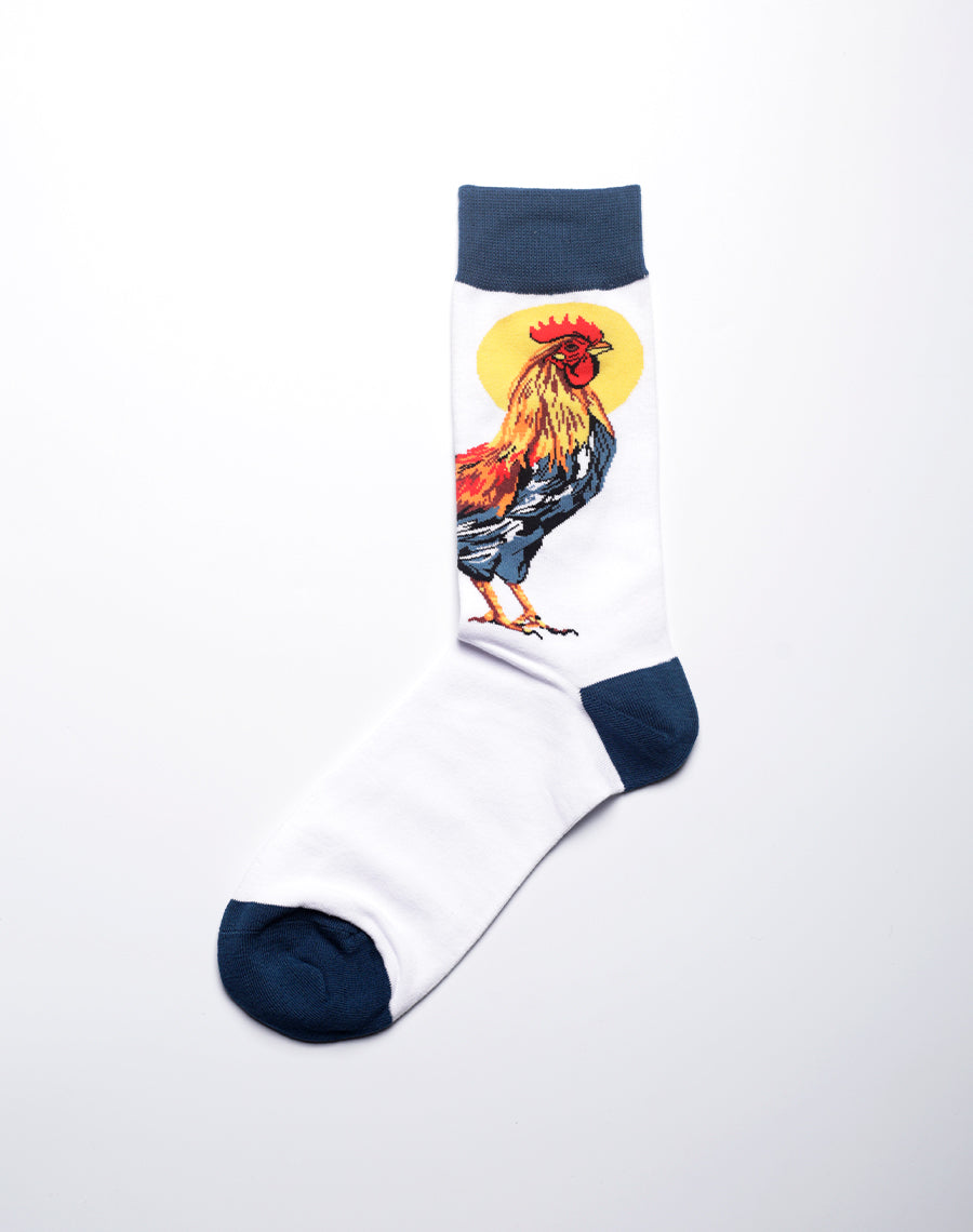 Quirky rooster pattern socks with soft cotton blend and mid-calf fit