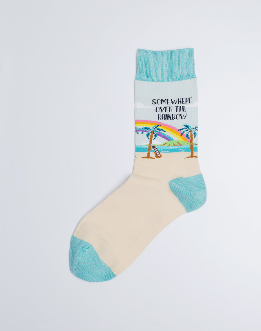 Somewhere Rainbow Tropical Crew Socks (Blue & Tan) - Cotton Socks and Machine Washable Printed Socks