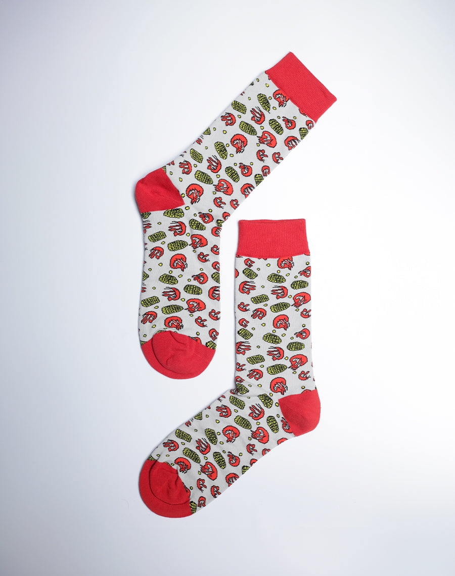 Crawfish & Corn Crew Socks for Men - Grey Red Color Socks
