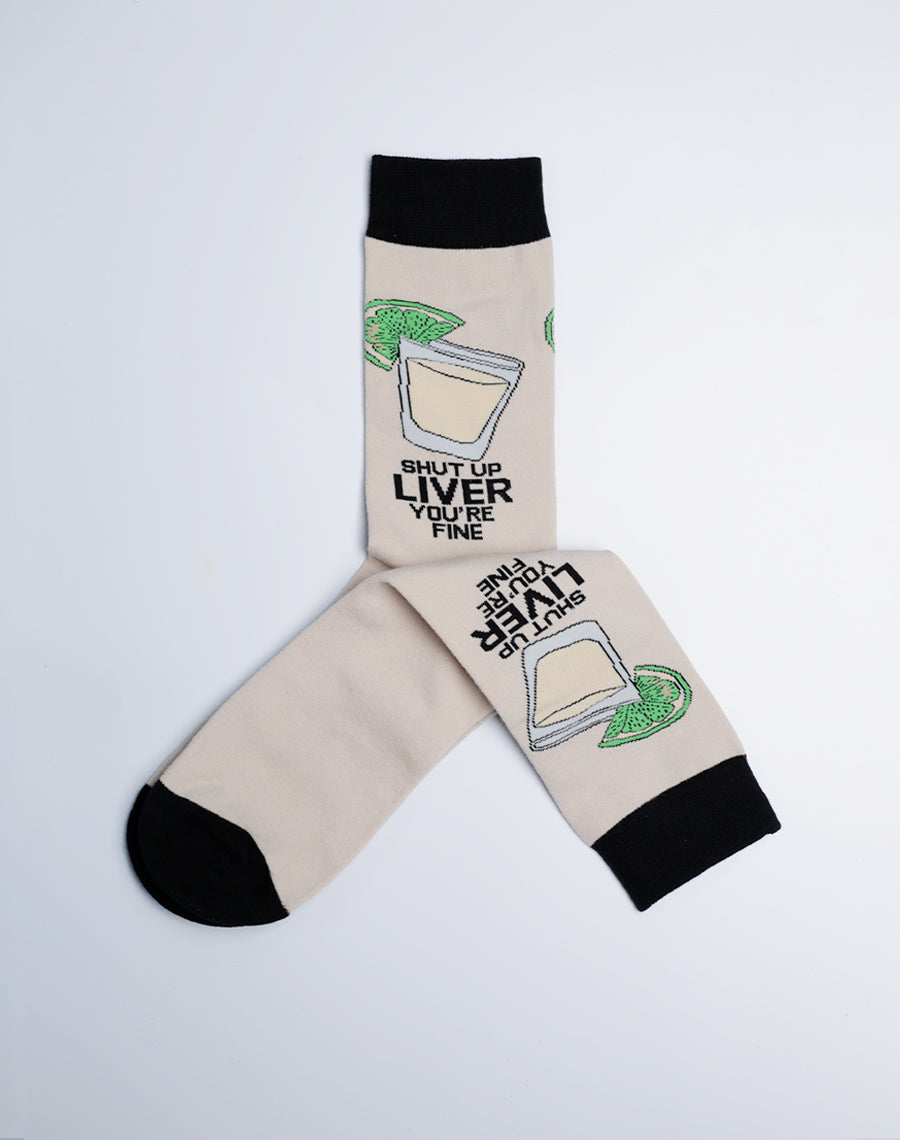 Men's Shut Up Liver You're Fine Tequila Crew Socks - Cream Color Party Socks